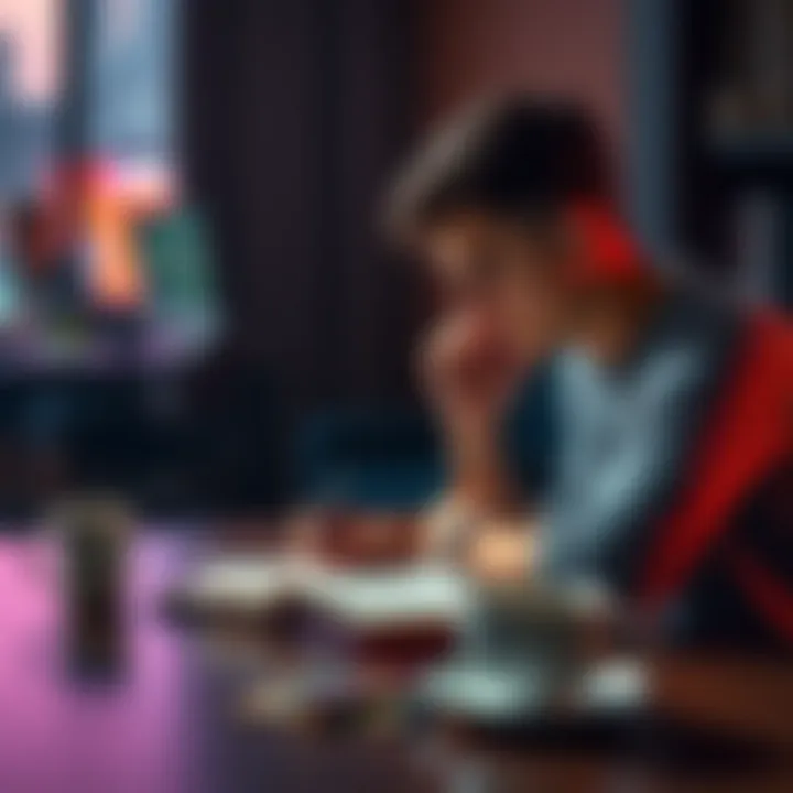 A person sitting at a table, looking thoughtfully at a notebook while reflecting on their journey to overcome gaming addiction, with a cup of coffee nearby.