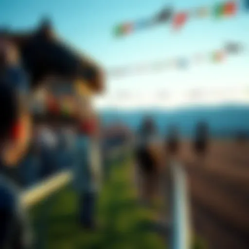 Spectators watch horses race at a vibrant California racetrack, with colorful banners and excited crowd.