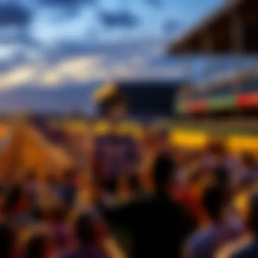 A crowd watching horse racing events at Churchill Downs with banners and horses in the background