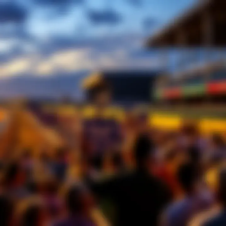 A crowd watching horse racing events at Churchill Downs with banners and horses in the background
