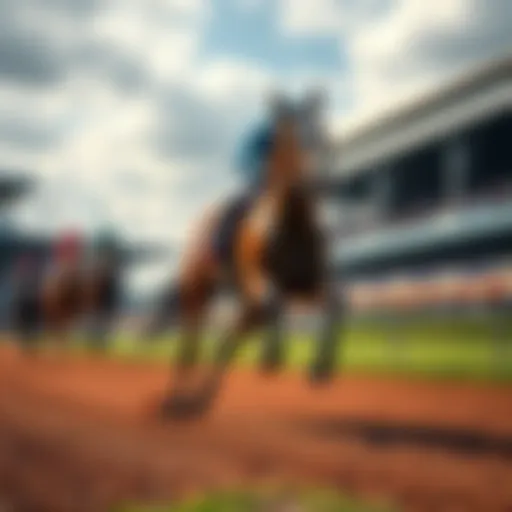 A powerful racehorse galloping on a track, with fans cheering in the background, capturing the excitement of horse racing.