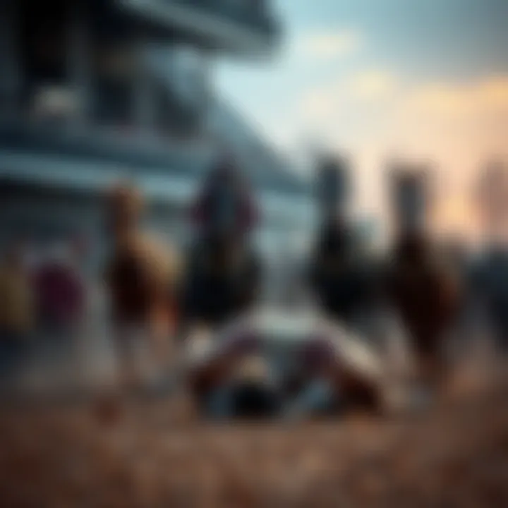Four horses on the ground after a fall at Saratoga Race Course, with concerned spectators nearby
