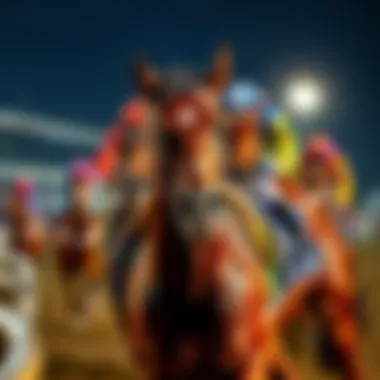 A close-up of a horse crossing the finish line in second place, with jockeys in colorful silks in the background.