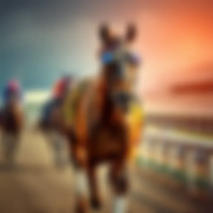 A racehorse equipped with full cup blinkers running on a racetrack, focused ahead without seeing its surroundings.