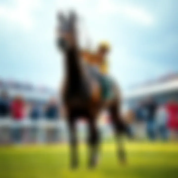A horse standing proudly with a jockey after winning a race, surrounded by people celebrating and looking concerned in the background.