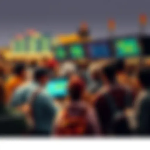 A diverse group of people placing bets at a horse racing event, showcasing different betting slips and screens from various countries.