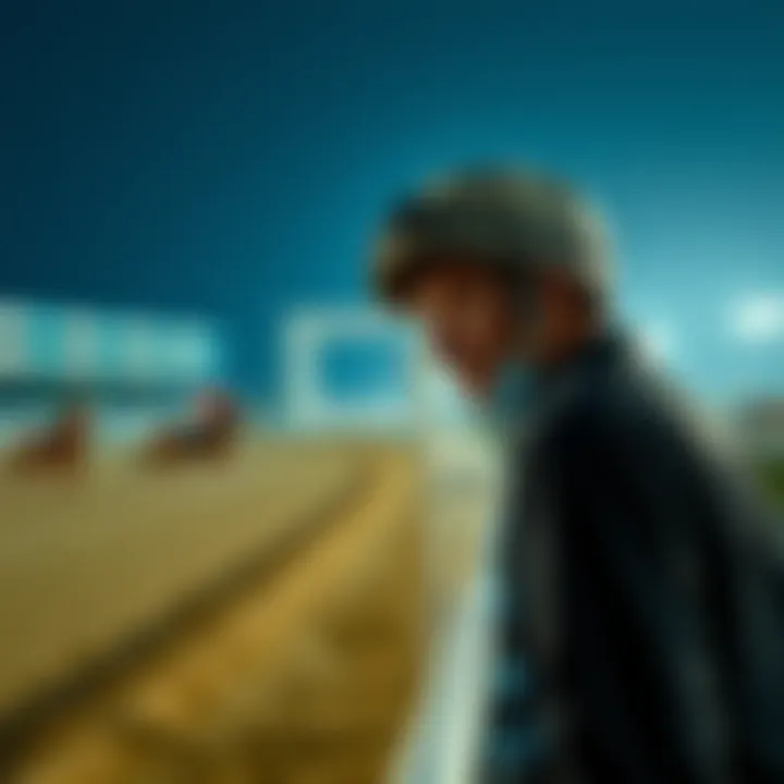 A disappointed horse race bettor looking at the racetrack with a sad expression after a loss.