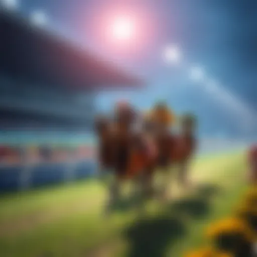 A lively horse racing event with spectators watching from the stands