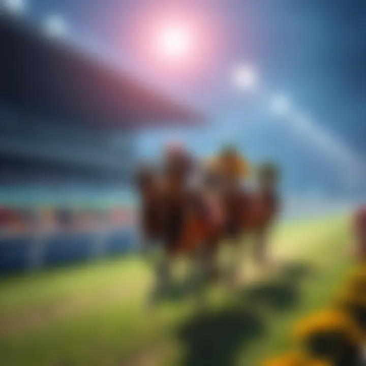 A lively horse racing event with spectators watching from the stands