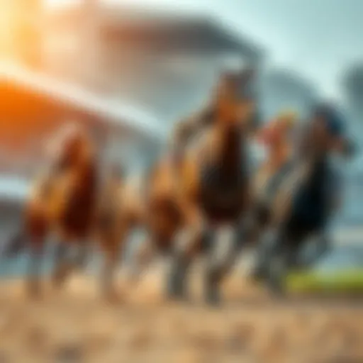 A group of horses racing on a track, showcasing their speed and power during a competition