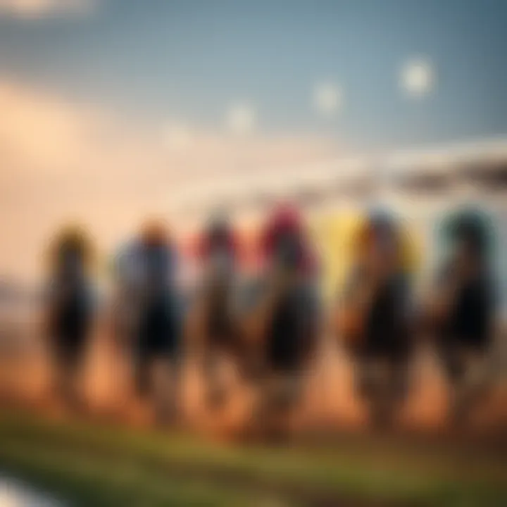 A close-up of a horse racing event with jockeys competing on the track, showcasing the excitement of the race.