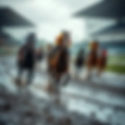 Horses competing in the Kentucky Derby on a heavy, muddy track due to bad weather