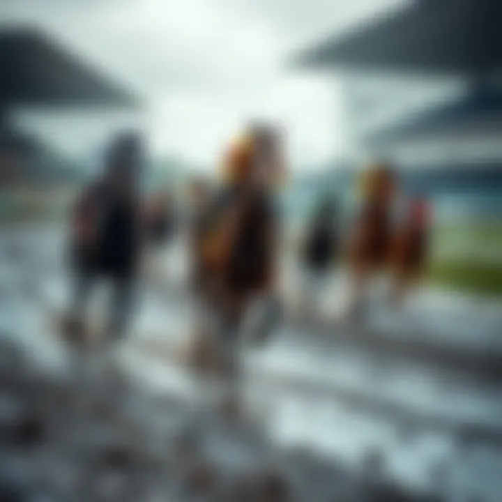 Horses competing in the Kentucky Derby on a heavy, muddy track due to bad weather