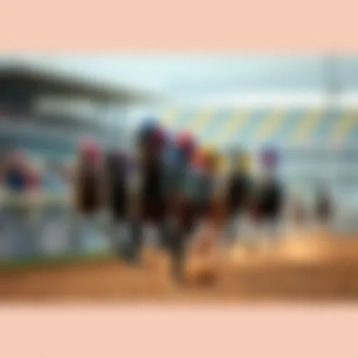 A group of racehorses sprinting down the track during the Met Mile, with spectators cheering in the background.