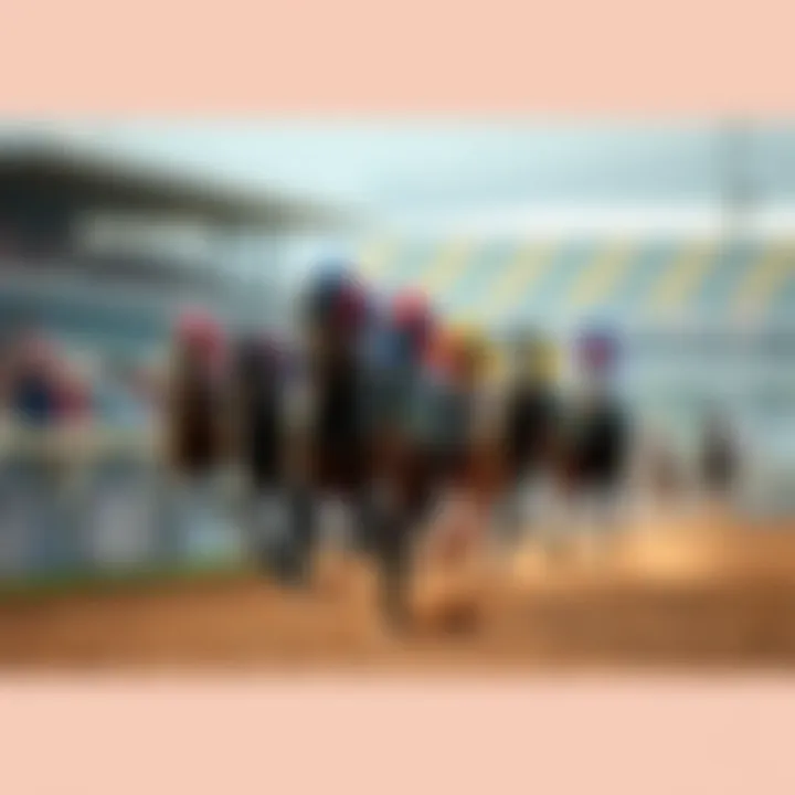 A group of racehorses sprinting down the track during the Met Mile, with spectators cheering in the background.