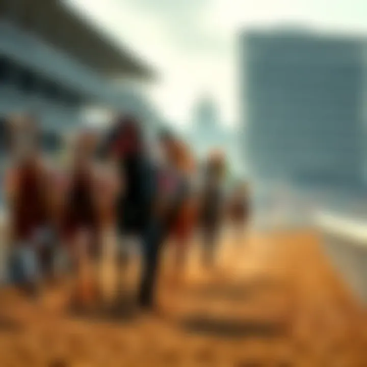 A group of horses racing on a track during the Travers Stakes event, with spectators in the background cheering.