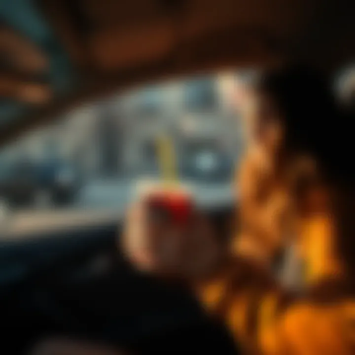 A frustrated person returns to their car on a hot day, finding their drink still cold in the cup holder.