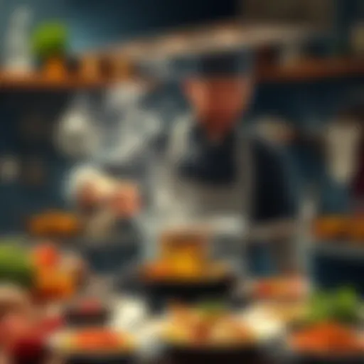 A kitchen scene with a chef preparing hot dishes, showcasing fresh ingredients and a steaming pot on the stove.