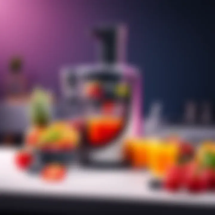 A vibrant centrifugal juicer extracting fresh juice from fruits and vegetables, showcasing its sleek design and efficient operation.