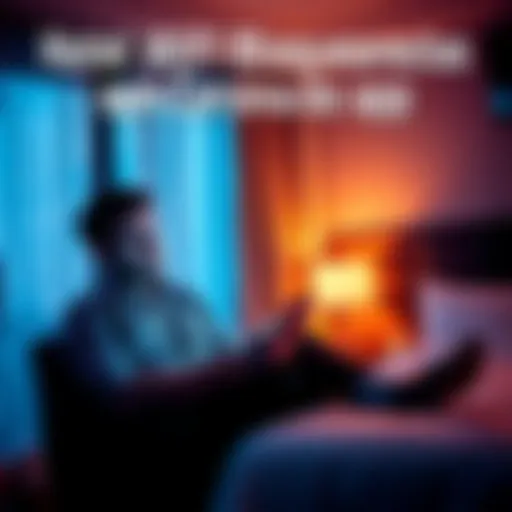 A hotel guest sitting in a room looking at a smartphone with a confused expression, indicating issues with accessing a betting app due to hotel WiFi restrictions