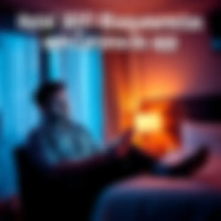 A hotel guest sitting in a room looking at a smartphone with a confused expression, indicating issues with accessing a betting app due to hotel WiFi restrictions