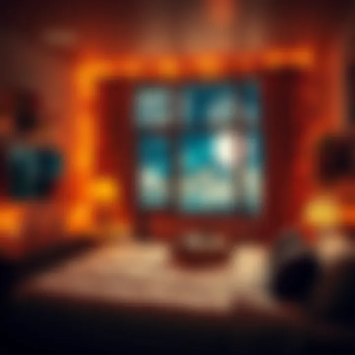 A cozy hotel room decorated for New Year's Eve celebrations with festive lights and a view of fireworks outside the window.