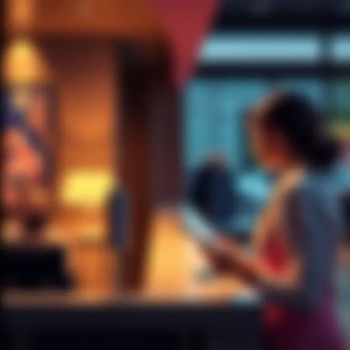 A person checking in at a hotel with a rewards card, discussing consecutive stay benefits with the receptionist.