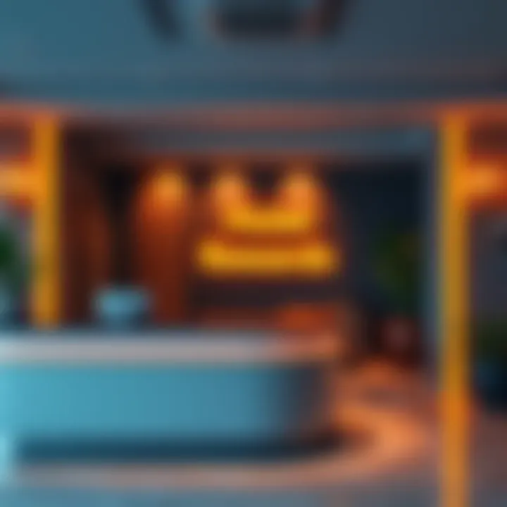 A hotel reception desk with a sign displaying reward credits for guests along with a welcoming atmosphere