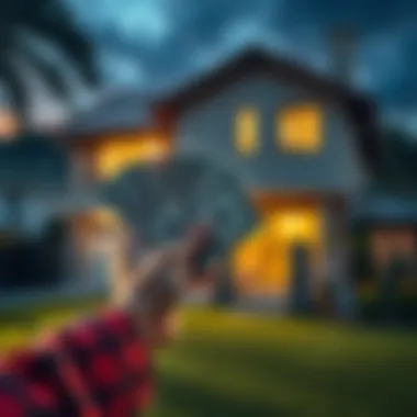House investment A person holding cash with a house in the background, thinking about buying a home