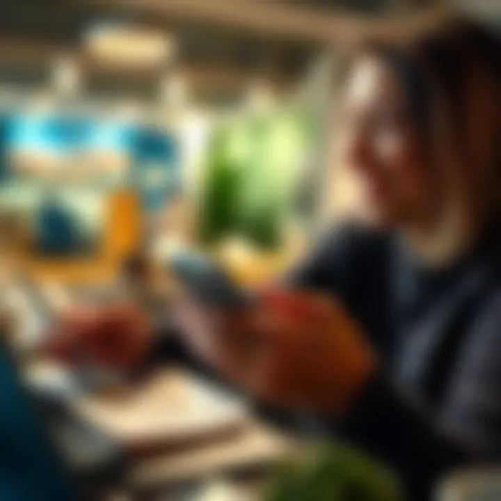 A person smiling while using a smartphone to manage finances, with bills in front of them