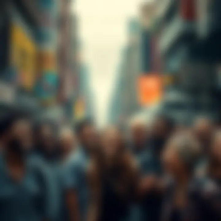 A group of diverse people laughing together in a chaotic city scene, highlighting humor amidst adversity