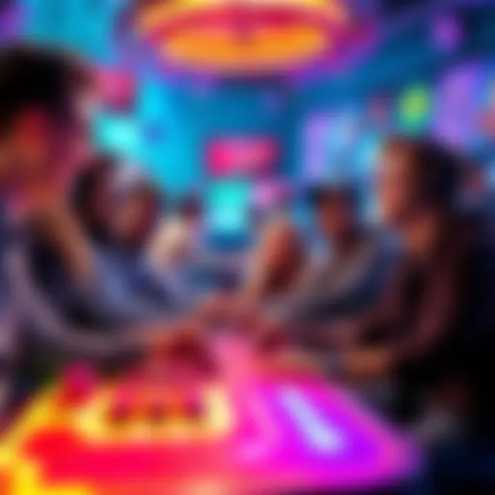 A colorful and lively scene showing people enjoying games with laughter and humor in an engaging environment.