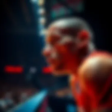 A determined athlete looking intensely at a competition stage, showing signs of hunger and focus