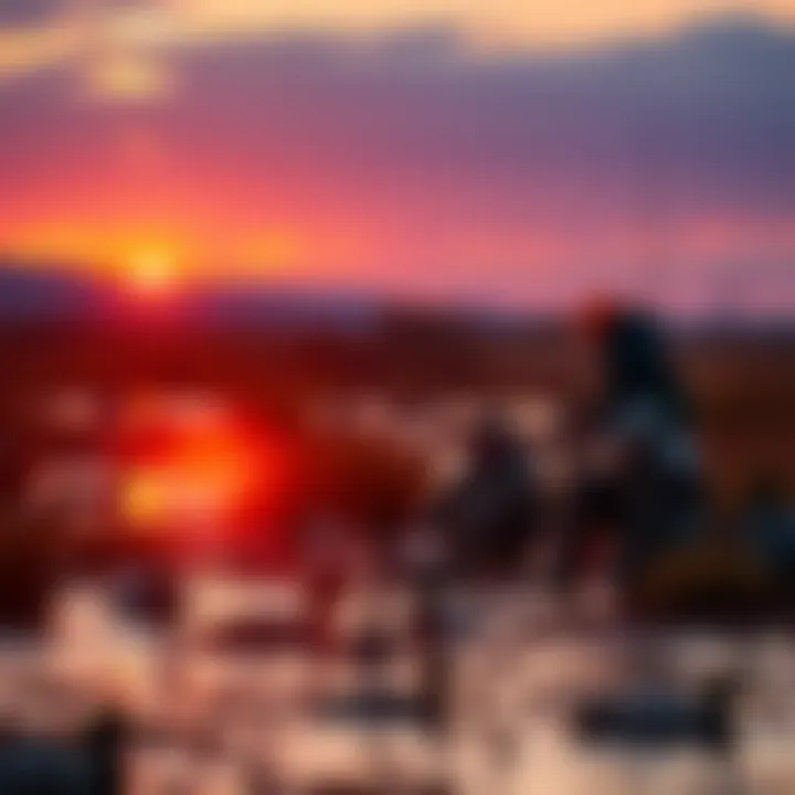 A group of duck hunters setting up decoys in a marshy area during sunrise, preparing for a day of hunting.