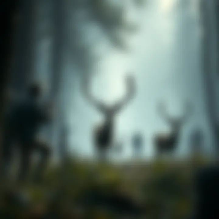 A group of hunters in a forest with deer in the background, showcasing the impact of hunting on wildlife.
