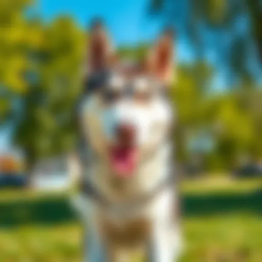 A Siberian Husky with striking blue eyes playing in a sunny park, showcasing its energetic personality.