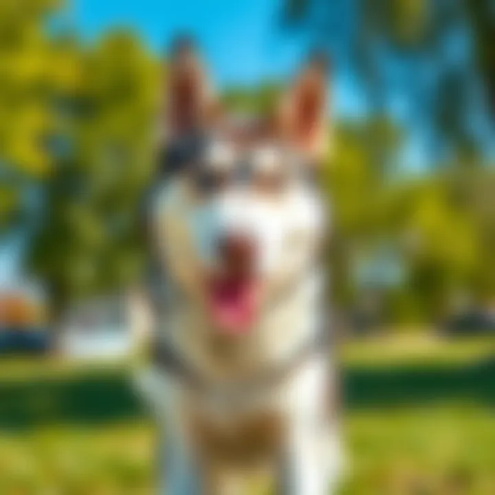 A Siberian Husky with striking blue eyes playing in a sunny park, showcasing its energetic personality.
