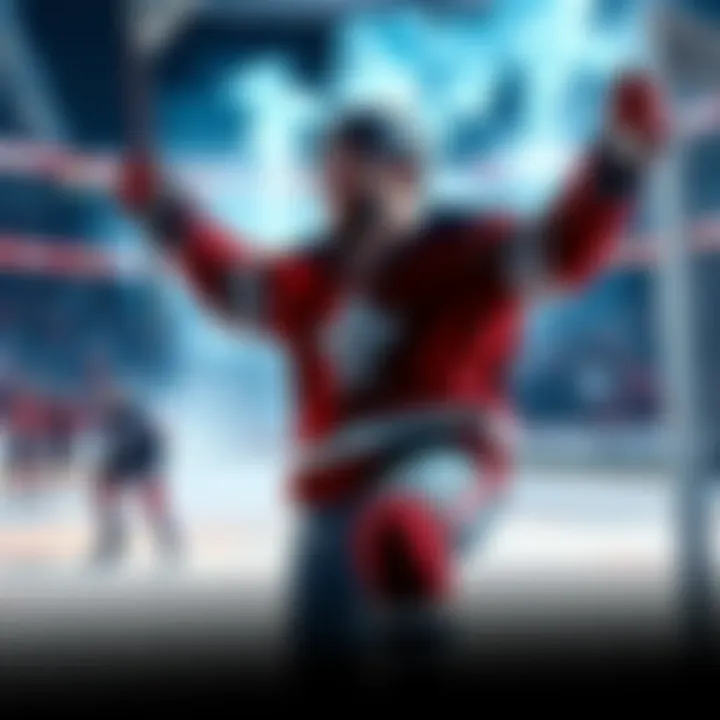 Alex Bump celebrating after scoring the first goal, surrounded by happy bettors and hockey excitement