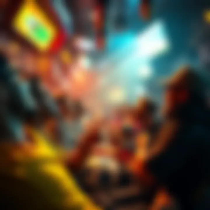 A vibrant scene of sports fans enjoying a lively atmosphere, listening to an iconic song about sports betting, surrounded by sports memorabilia.