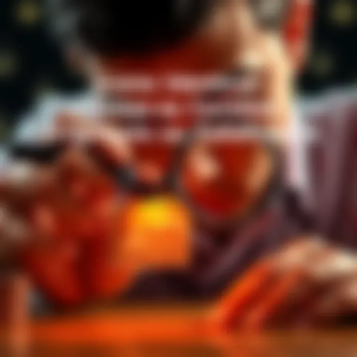 A person examines a Kem card, comparing it to another card while holding a magnifying glass, focusing on details to check authenticity.