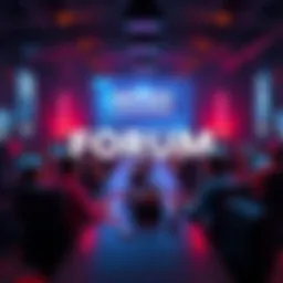 A group of people discussing gaming strategies and experiences in a forum setting, with computers and gaming elements around them.