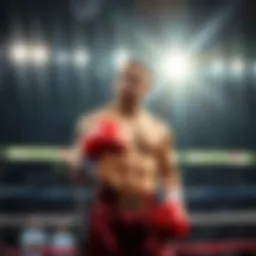 Ilia Topuria posing confidently in the boxing ring, ready for a match, with bright lights and a cheering crowd behind him.