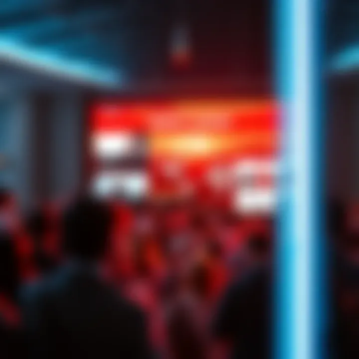 A crowd of people looking at a large screen displaying news about current changes and their effects on society.