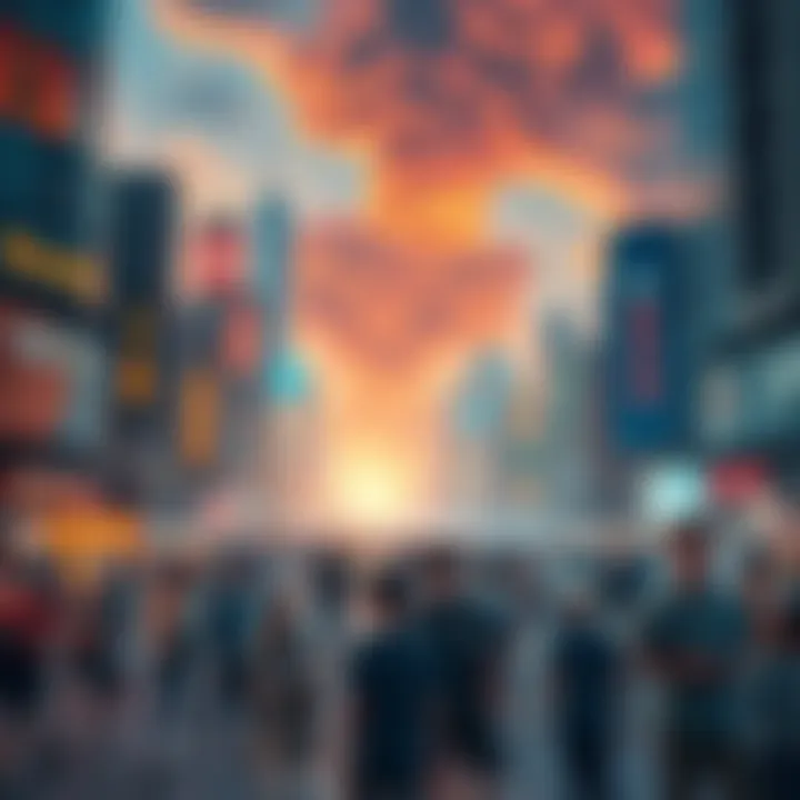 A bustling city scene representing social and economic changes in 2026 due to the Boom phenomenon, with diverse people engaged in various activities.