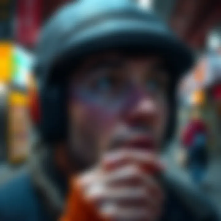 A close-up of a person observing the surroundings, highlighting small details in daily life.