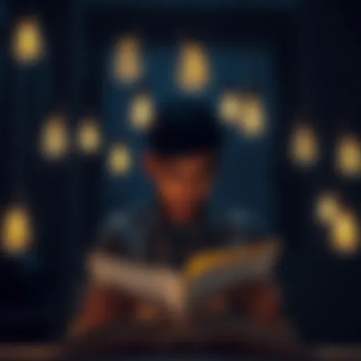 A person reading a book with notes, surrounded by lightbulbs representing ideas and inspiration.