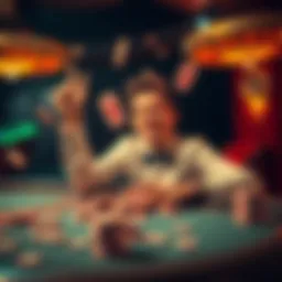 A person celebrating a big win at a gambling table with chips scattering around