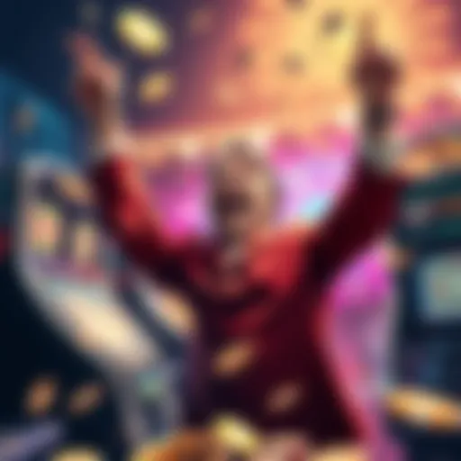 A joyful person celebrating a large cash win from a small bet, surrounded by casino elements like chips and slot machines.