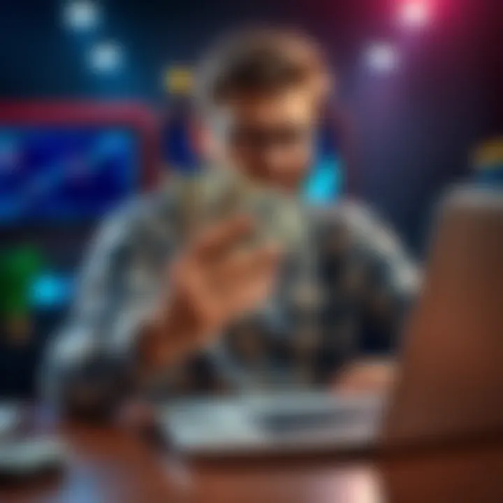 Method for Generating Income A person holding cash and a laptop, showing success in making money.