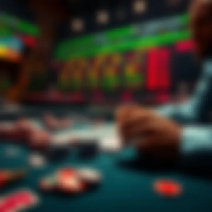 A person analyzing betting options at a table with chips and cards, considering risks and rewards.